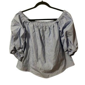 H&M Sz 6 Off The Shoulder Blue White Thin Stripe Blouse Poofy Sleeve
